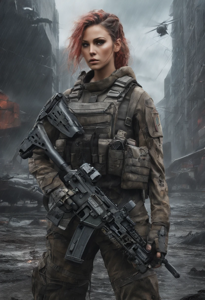 Postapocalyptic combat scene with a Beautiful hyperrealistic photograph of cute Young Swedish woman with Runic tattoos, ((dirty face Blood splattered)), (((wearing full heavy mecha armor, combat harness, Neon highlights))) Short Red Dreadlocks, combat pose, (((Holding on to the side of a combat Sci-Fi Combat helicopter))), exterior of Destroyed building, Fires, Smoke, debris, Camo netting, Ammo Boxes, Rain, Stormy, Wet, abstract beauty, near perfection, pure form, intricate detail, 8k post-production, High resolution, super Detail, trending on ArtStation, sharp focus, studio photos, intricate detail, Very detailed, By Greg Rutkowski