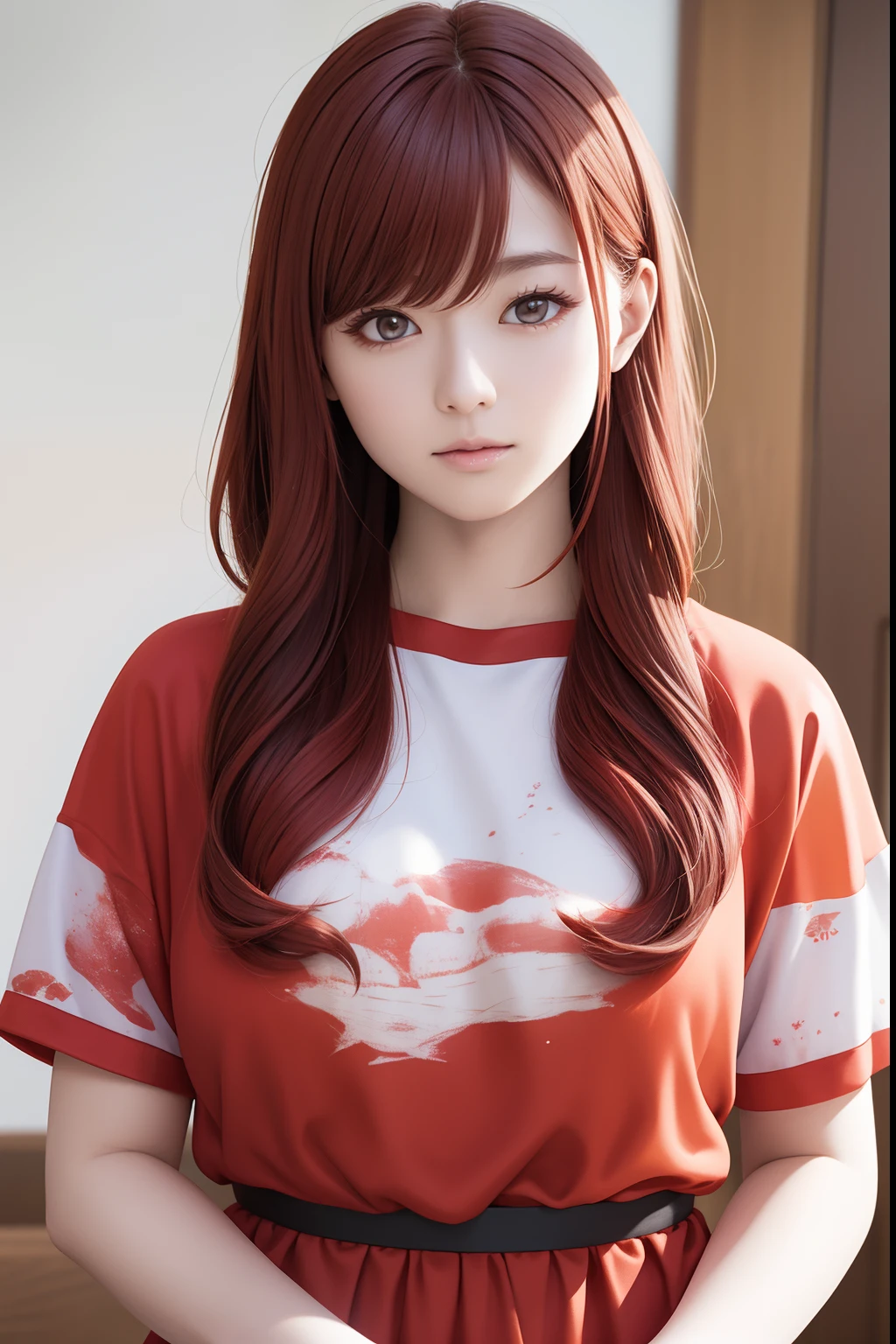 The upper part of the body、an oil painting、masterpiece、top-quality、hight resolution、Medium hair with red hair、bright red semi-long hair、bustshot、Loose and fluffy perm、rotTThe shirt、Vermilion shirt with short sleeves、The letters on the shirt are Hargon、Angry、Shirt print Hargon、sullen look、Hargon is drawn on Shano's chest