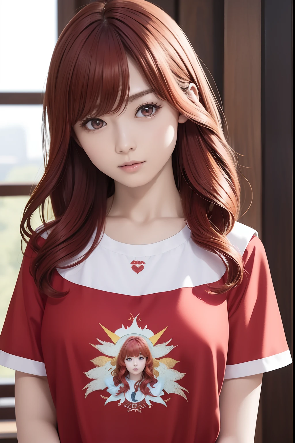 The upper part of the body、an oil painting、masterpiece、top-quality、hight resolution、Medium hair with red hair、bright red semi-long hair、bustshot、Loose and fluffy perm、rotTThe shirt、Vermilion shirt with short sleeves、The letters on the shirt are Hargon、Angry、Shirt print Hargon、sullen look、Hargon is drawn on Shano's chest