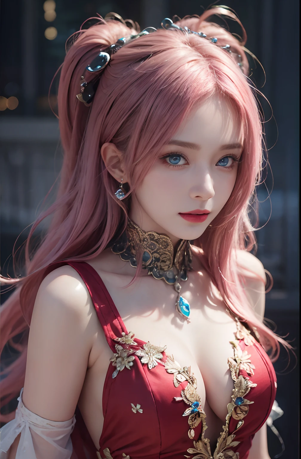 best quality, ultra high res, (photorealistic:1.4), (detailed beautiful girl:1.4), (medium breasts:0.8), looking_at_viewer, Detailed facial details, beautiful detailed eyes,pink hair, blue eyes, slender, haunting smile, (makeup:0.3), red lips, highly detailed clothes, (ulzzang-6500-v1.1:0.3)