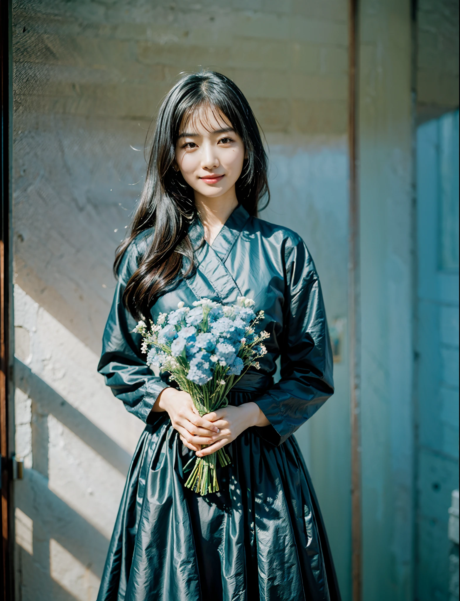 Beautiful Asian Girls,Long black hair,Delicate and delicate face,beautidful eyes,light smile,Holding a large bouquet of very beautiful light blue flowers in both hands(Sackcloth packaging),Beautiful literary style costumes,Perfect hands,Solid color light gauze background,The background is blurred out,detail-rich,Movie lighting,contrast of light and shadow,rendering by octane,