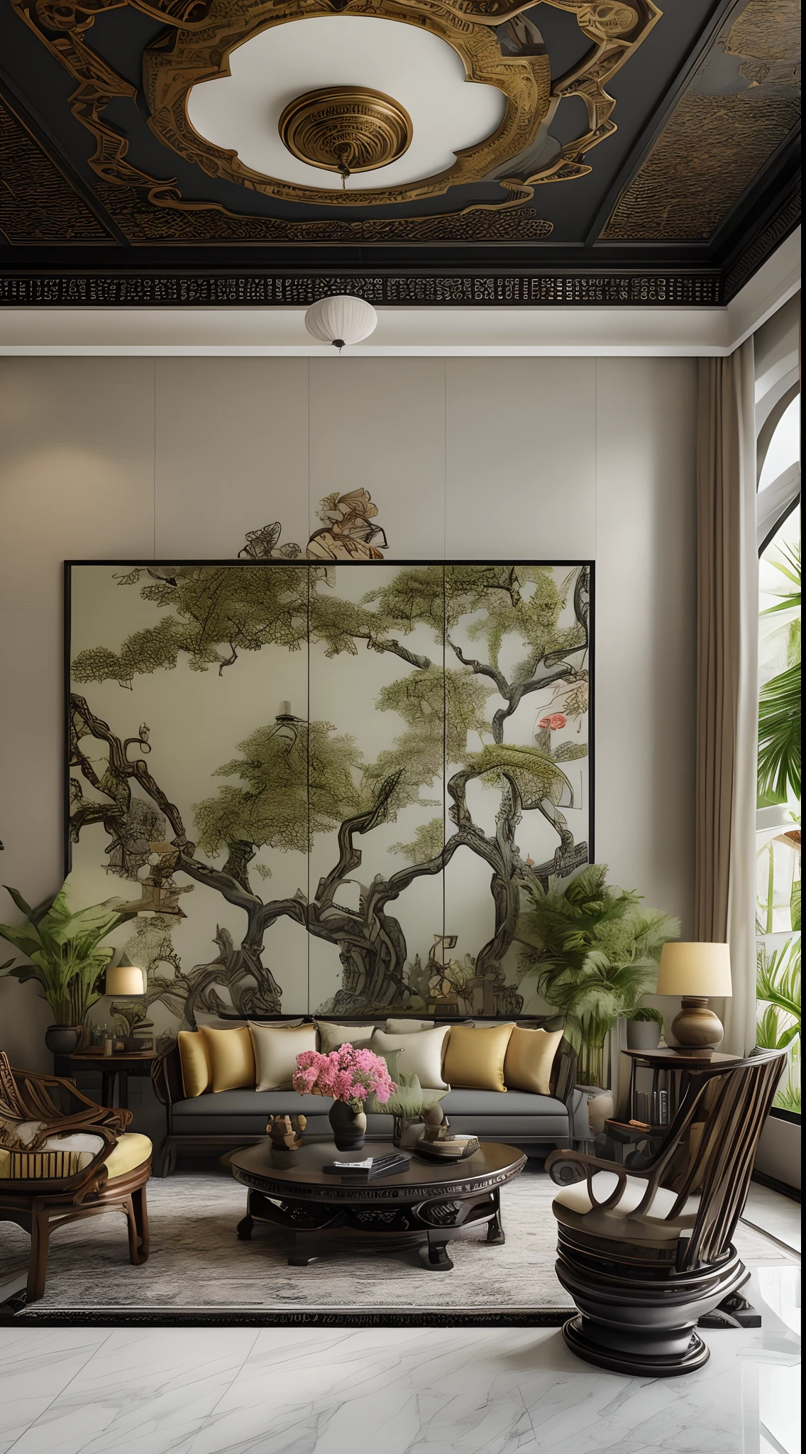 (( masterpiece)) (( ultral realistic)) (( sharp forcus)) (( high detail)) livingroom in indochina style,china , vietnam, black wooden furniture, wallpaper, patent,glossy, ceramic tiles floor,