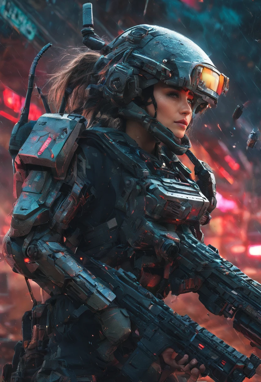 Postapocalyptic combat scene with a Beautiful hyperrealistic photograph of cute Young Swedish woman with Runic tattoos, ((dirty face Blood splattered)), (((wearing full heavy mecha armor, combat harness, Neon highlights))) Short Red Dreadlocks, combat pose, (((Holding on to the side of a combat Sci-Fi Combat helicopter))), exterior of Destroyed building, Fires, Smoke, debris, Camo netting, Ammo Boxes, Rain, Stormy, Wet, abstract beauty, near perfection, pure form, intricate detail, 8k post-production, High resolution, super Detail, trending on ArtStation, sharp focus, studio photos, intricate detail, Very detailed, By Greg Rutkowski