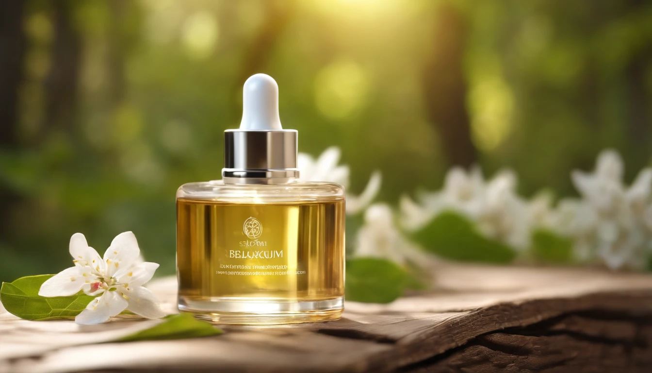 facial serum with white clear packaging on a nature background THE FACIAL SERUM is on a wooden trunk with the background blurred in 4k with Ray tracing RTX render 3D blender with Octane render 4K Bloom Realistic 4K reflections with volumetric shadows