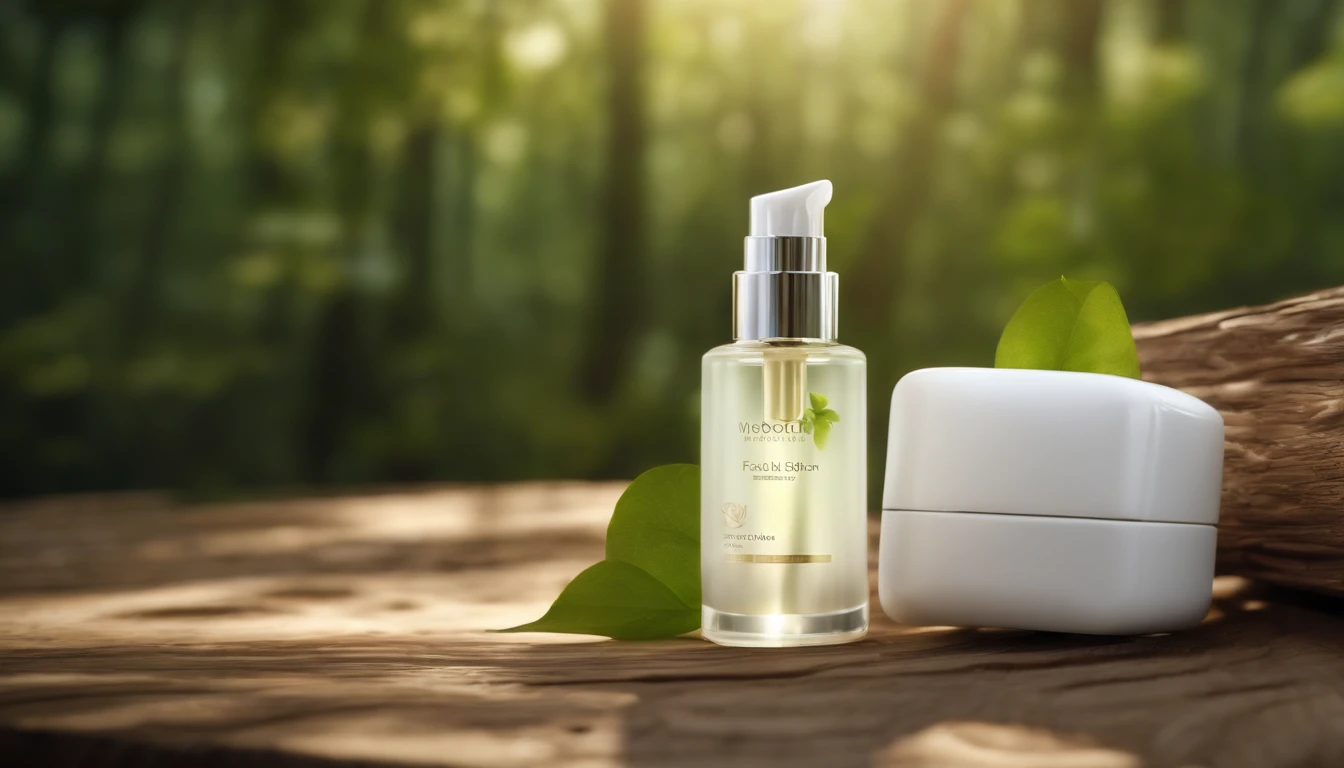 facial serum with white clear packaging on a nature background THE FACIAL SERUM is on a wooden trunk with the background blurred in 4k with Ray tracing RTX render 3D blender with Octane render 4K Bloom Realistic 4K reflections with volumetric shadows