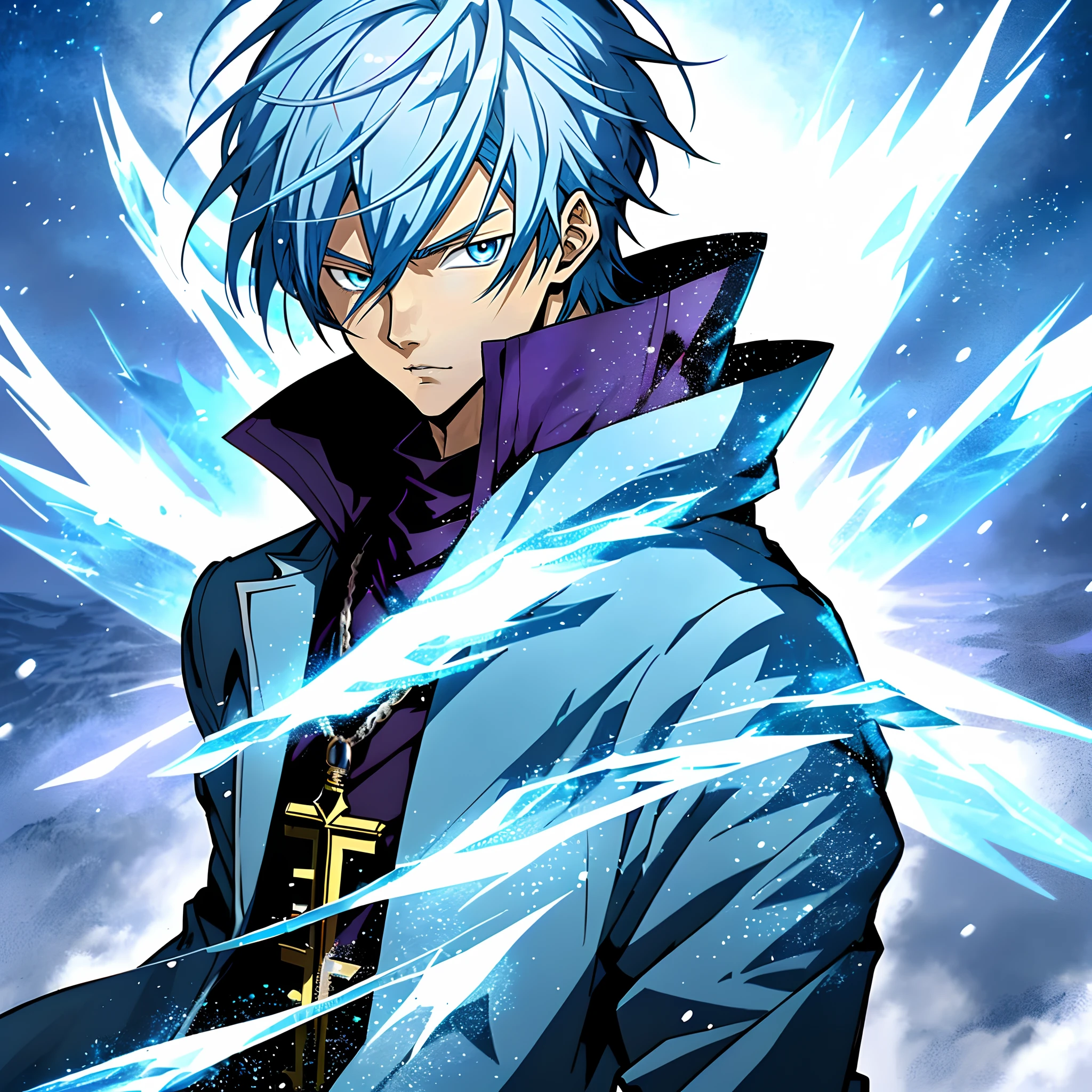 Anime characters with blue hair and blue eyes in snowy scenes, Ice Mage, Tall anime guy with blue eyes, Key anime art, male anime character, Detailed key anime art, full portrait of magical knight, Blue and ice silver coat, with ice powers