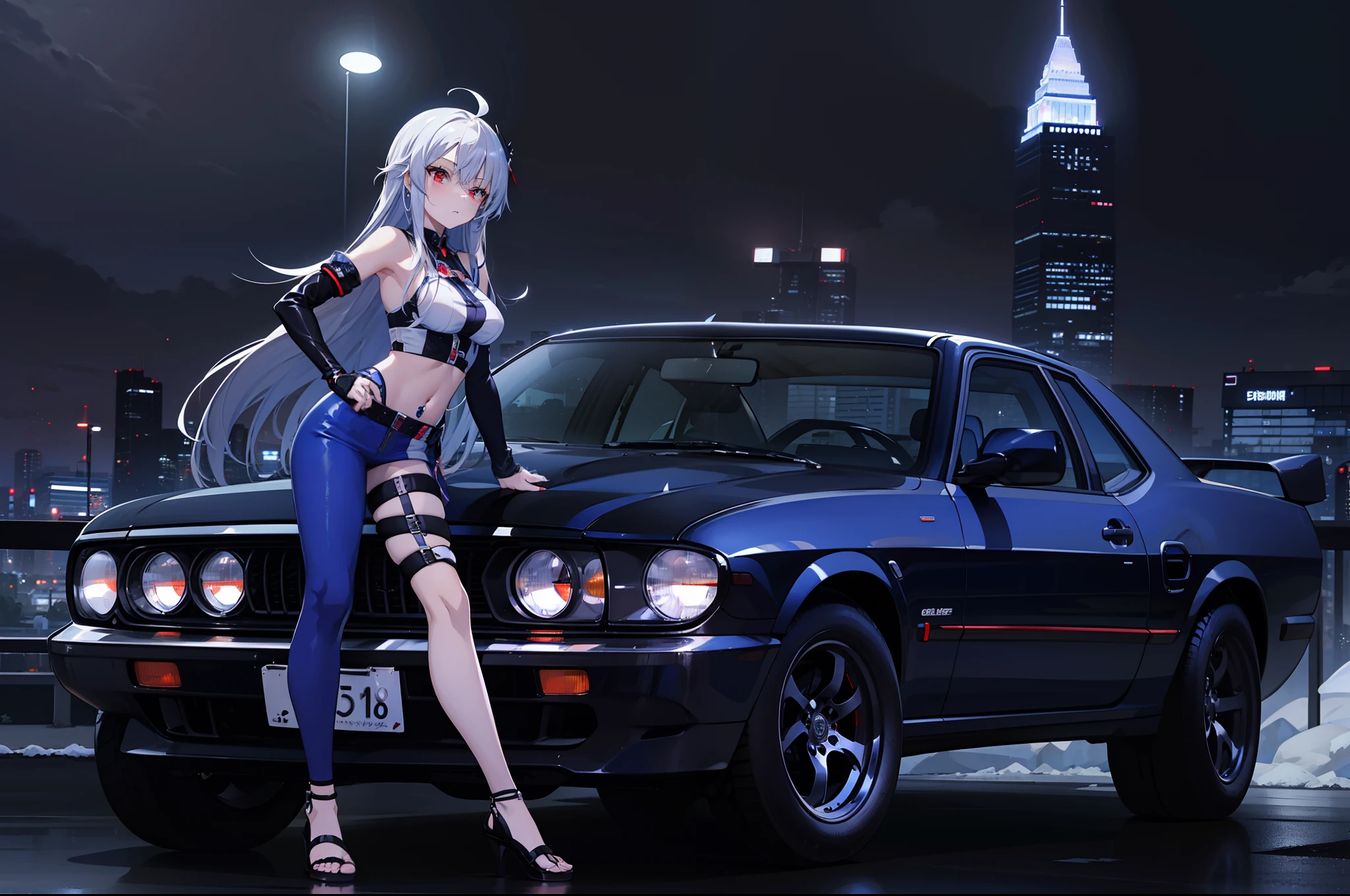 masterpiece,(bestquality),highlydetailed,ultra-detailed,1girl,bishoujo,stare,red eyes,beautiful detailed eyes,long hair,white hair,silver_hair,Wing-like bangs,Dull hair,ahoge,Hair rings,Half tied hair,cold,anime girl standing next to a car in a city at night, anime style 4 k, 4k anime wallpaper, badass anime 8 k, ultra hd anime wallpaper, best anime 4k konachan wallpaper, anime wallpaper 4k, anime wallpaper 4 k, anime art wallpaper 4 k, anime art wallpaper 4k, hd anime wallaper, anime art wallpaper 8 k