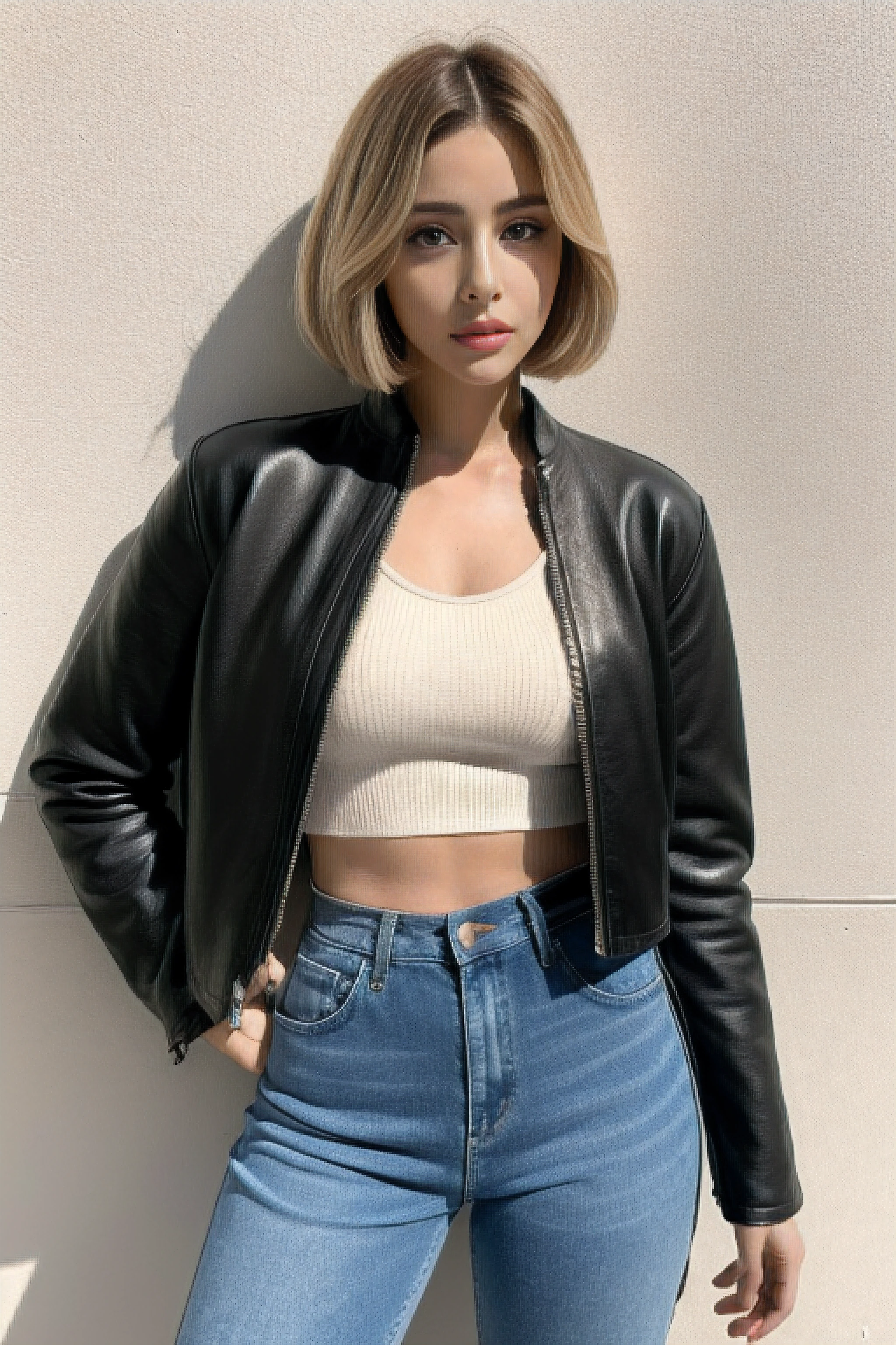 ((Realistic lighting, Best quality, 8K, Masterpiece: 1.3)), Clear focus: 1.2, 2girl, Perfect Figure: 1.4, Slim Abs: 1.1, ((short blonde bob hair)), (cropped leather jacket, distressed skinny jeans: 1.4), Super fine face, Fine eyes, Double eyelids, woman is posing while standing against a wall, inspired by Gina Pellón, instagram, tachisme, violet myers, lorena avarez, olivia culpo, alanis guillen, looks like laura barriales, sophie mudd, tanned ameera al taweel, beautiful iranian woman, half body portrait
