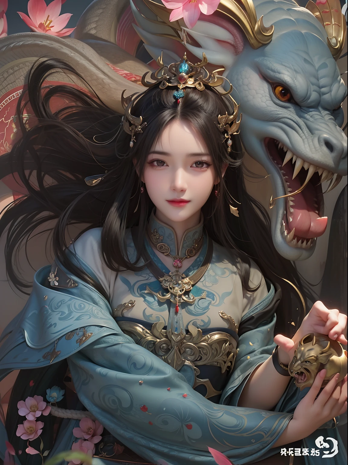 Close-up of a woman with a dragon on her head, the dragon girl portrait, Beautiful character painting, by Yang J, Chinese fantasy, A beautiful artwork illustration, author:Chen Lin, Fantasy art style, Guviz-style artwork, Exquisite digital illustration, Inspired by Fenghua Zhong, By Li Song, Beautiful digital artwork