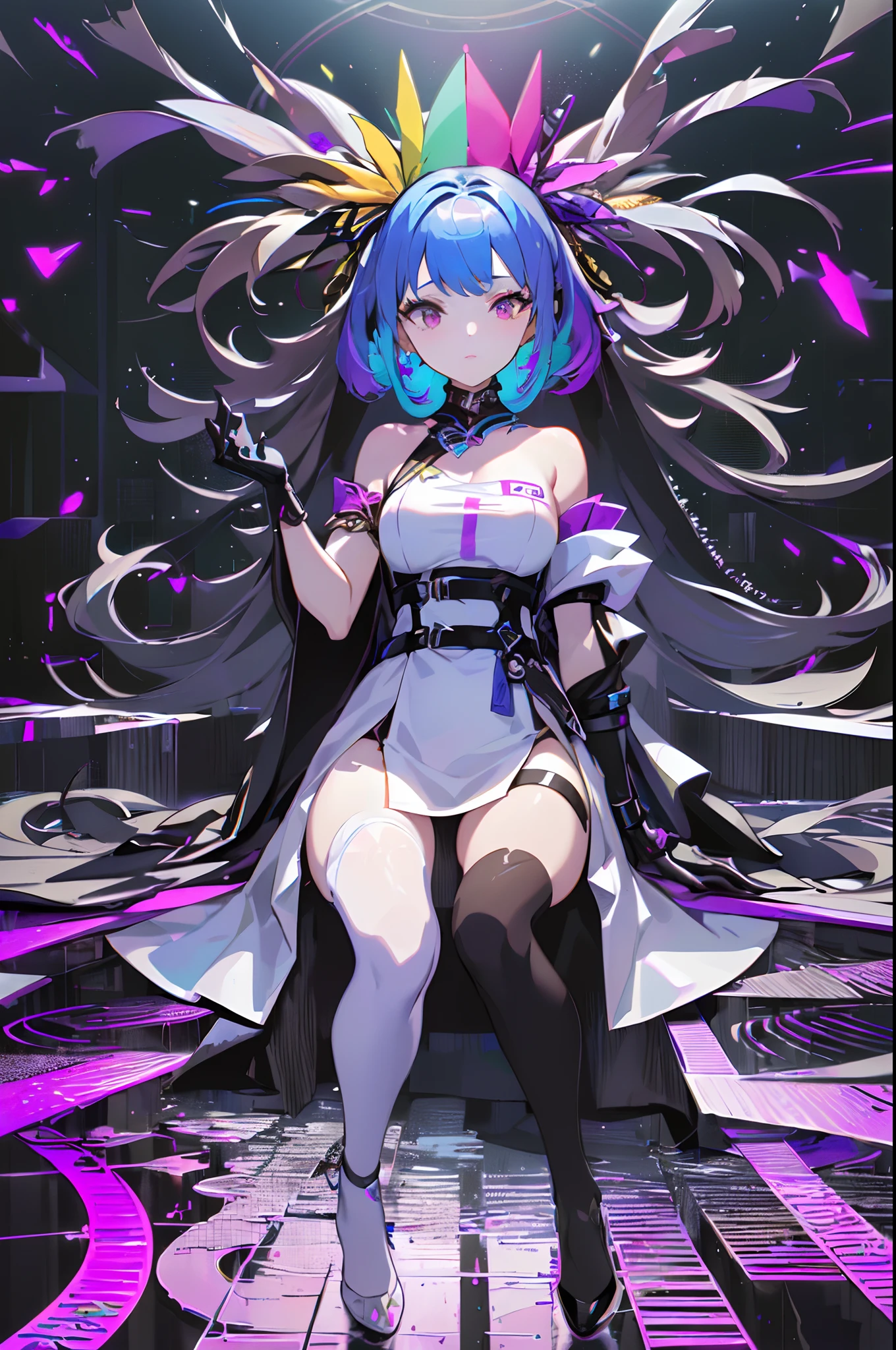 (masterpiece, top quality, best quality, official art, beautiful and aesthetic:1.2), (1girl:1.3), extreme detailed,colorful,highest detailed, glitch art, (digital distortion), pixelated fragments, data corruption,colorful noise, visual chaos,contemporary aesthetics