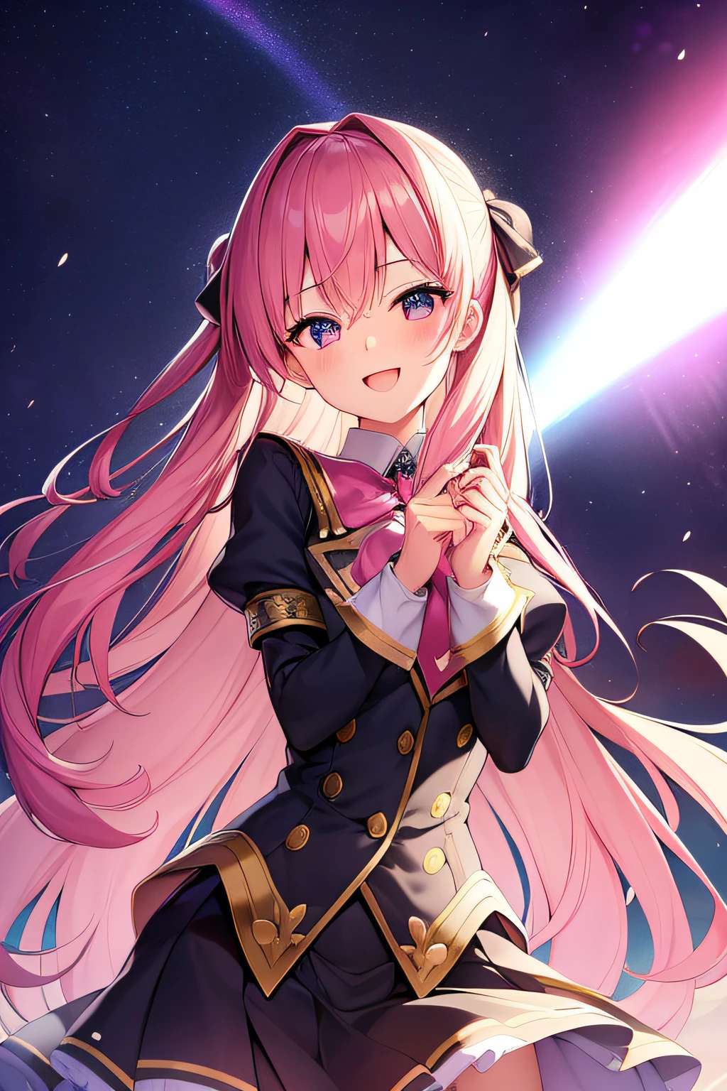 chest out, absurdres, superfine illustration,rainboweffect, highres, ultra detailed,light diffusion,highly detailed light reflection, kaleidoscope, harmonious, best shadow, highly detailed very beautiful big smile face, ;D, beautiful growing crystal diamond star pupil,look at viewer, beautiful detailed hair, solo, dynamic pose, beautiful detailed pink and black ribon, beautiful detailed High school uniform, Fantastic and the whole shines and shooting star and the wind is strong in detail background