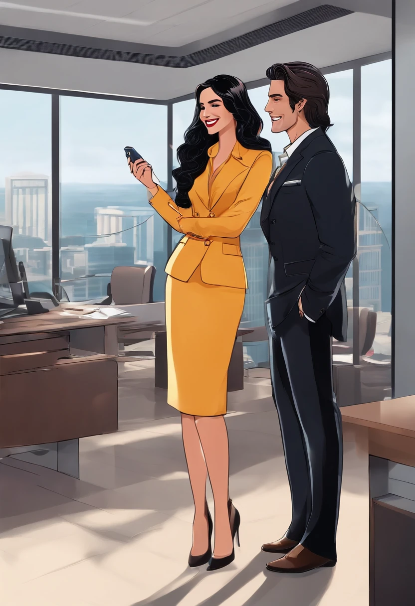 The male protagonist talks with a woman with black long hair professional clothes, the woman smiles and the picture is pleasant, in five luxurious offices