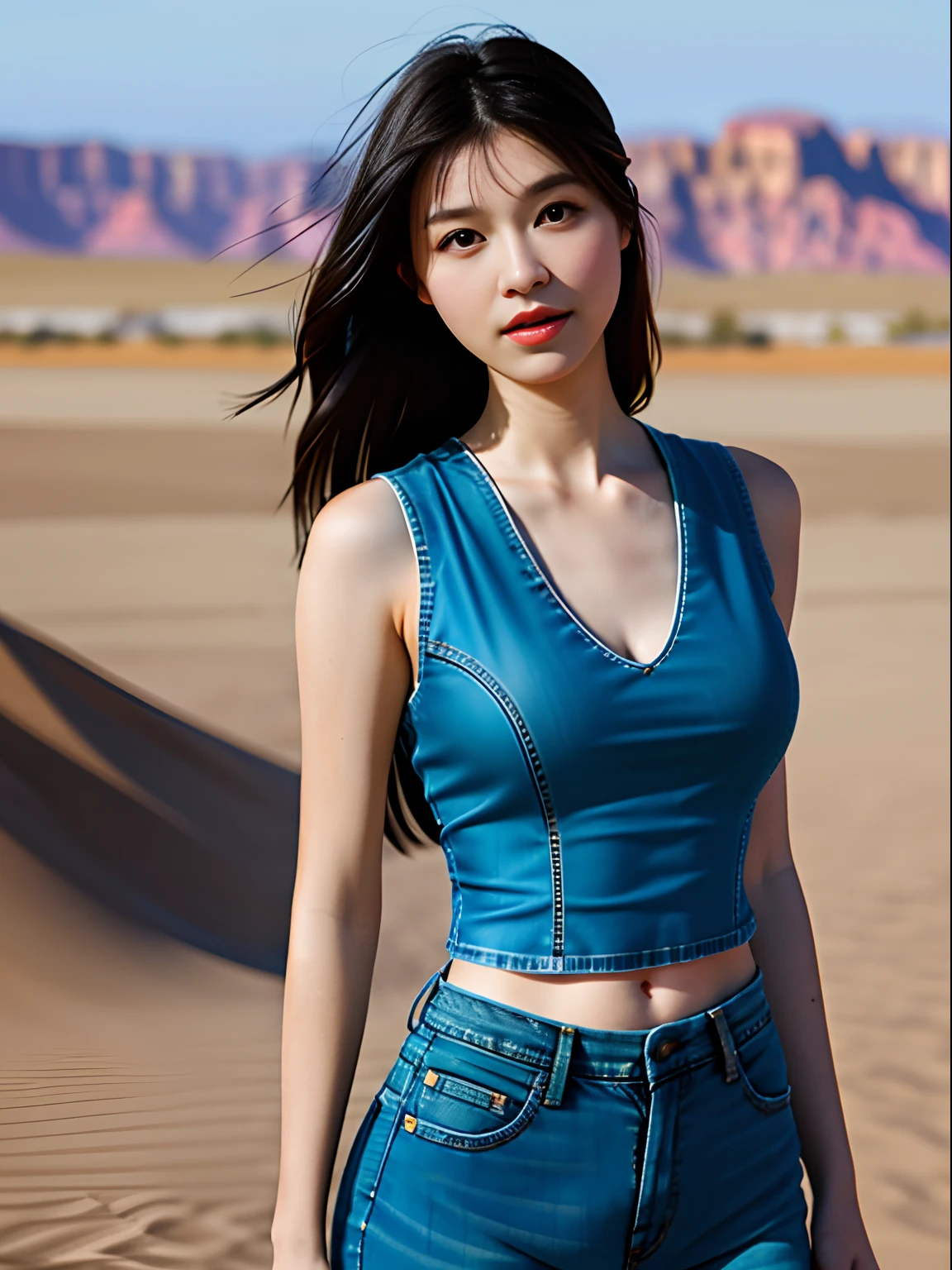 In the background of Desert，looking at viewert，depth of fields，Bokeh，The light drops，
1 girl wearing a deep V vest and jeans，Black eyes，photography of，(full bodyesbian), tmasterpiece， best qualtiy， A high resolution， realistic detail， Glowing skin， Mature figure， Voluptious body， crisp breasts, rich colourful，  hyper realisitc， dynamicposes， dynamic angle，k hd，