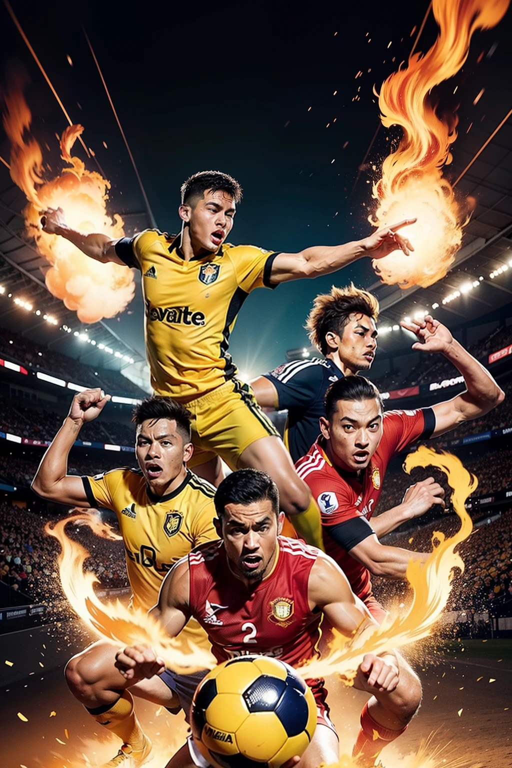 Design an electrifying soccer poster that ignites the passion for the game featuring three Malaysian soccer players (faizal halim, dion cools, akhyar rashid) wearing yellow Nike jerseys with tiger stripe patterns. Convey the thrill and excitement of the sport by capturing the players in dynamic poses, mid-action on the field. Utilize vibrant colors, dramatic lighting, and energetic composition to emphasize their dedication and skill. Incorporate elements that symbolize the Malaysian spirit and culture, enhancing the poster's uniqueness and relatability. This poster should inspire viewers with a sense of pride and motivate them to witness the exhilarating performance of these talented athletes