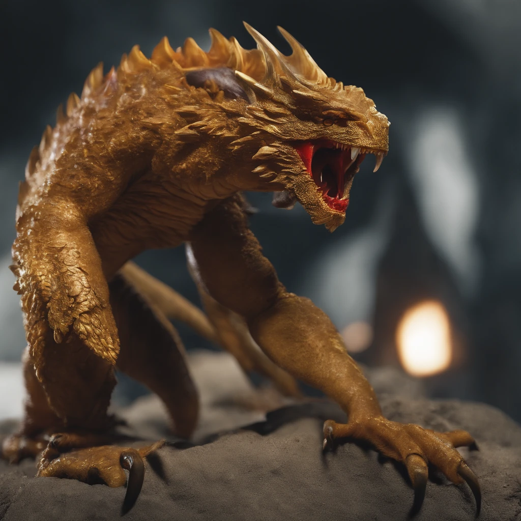 Golden Tenryu,Harsh red eyes,Close-up release of blood fire from the nose,Chest scales,high high quality,8K,Many details,Fire lettuce,Alas,4 legs,Spotted claws,golds,dangers,fires,dentes pontiagudos,big dragon,immensity,threatening,imponent