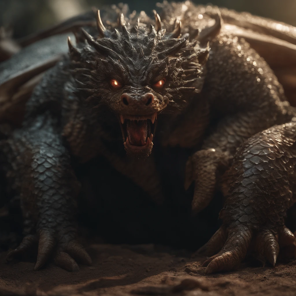 Golden Tenryu,Harsh red eyes,Close-up release of blood fire from the nose,Chest scales,high high quality,8K,Many details,Fire lettuce,Alas,4 legs,Spotted claws,golds,dangers,fires,dentes pontiagudos,big dragon,immensity,threatening,imponent