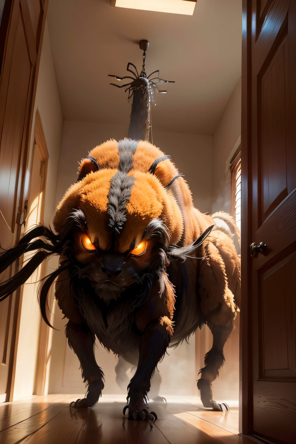 High Picture Quality,4K分辨率,Extremely high definition(masterpiece:1.2),Realistic detail,High-magnification character descriptions(ultra-detailed),(realistic,photorealistic,photo-realistic:1.37)
A massive(eenormous,gigantic)tarantula, ing(pursuing, chasing after) A woman who is(a woman), along(by means of)Her family's(hallway, corridor)。Tarántula's body is hairy(furry, hairy body),enormous thigh(big legs),Sharp claws(sharp claws),As well as luminescent(marvelous, glowing)eBlue eyes(blue eyes)。
Women are very realistic, terrified and startled,She was like(frightened, scared)trying to escape, or(find the nearest exit, find shelter, looking for help),But her expression(portrays a mix of)funk(fear)And resolutely(resolute),Try to stay still(calming herself down)。
house(house)in the hallway(dimly lit, dimly illuminated corridor),The surroundings are dim(light),Give a kind(mysterious, eerie)The atmosphere(ambiance)。muri(walls)On some(cobwebs, spider webs),Hanging on the wall(hanging on the walls, adorned with)Some lights(light fixtures),Projected(diffuse, soft)Warm and inviting light。
The whole picture has(tense atmosphere),The visual stunning of take-your-breath-away。