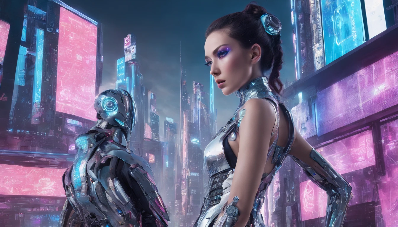 In a futuristic metropolis, Cyborg Woman, Her clothes were torn to shreds, Standing against the backdrop of towering holographic billboards, In a sea of bustling crowds, It shows the fusion of man and machine in the cyberpunk world., digital art, High-resolution rendering,