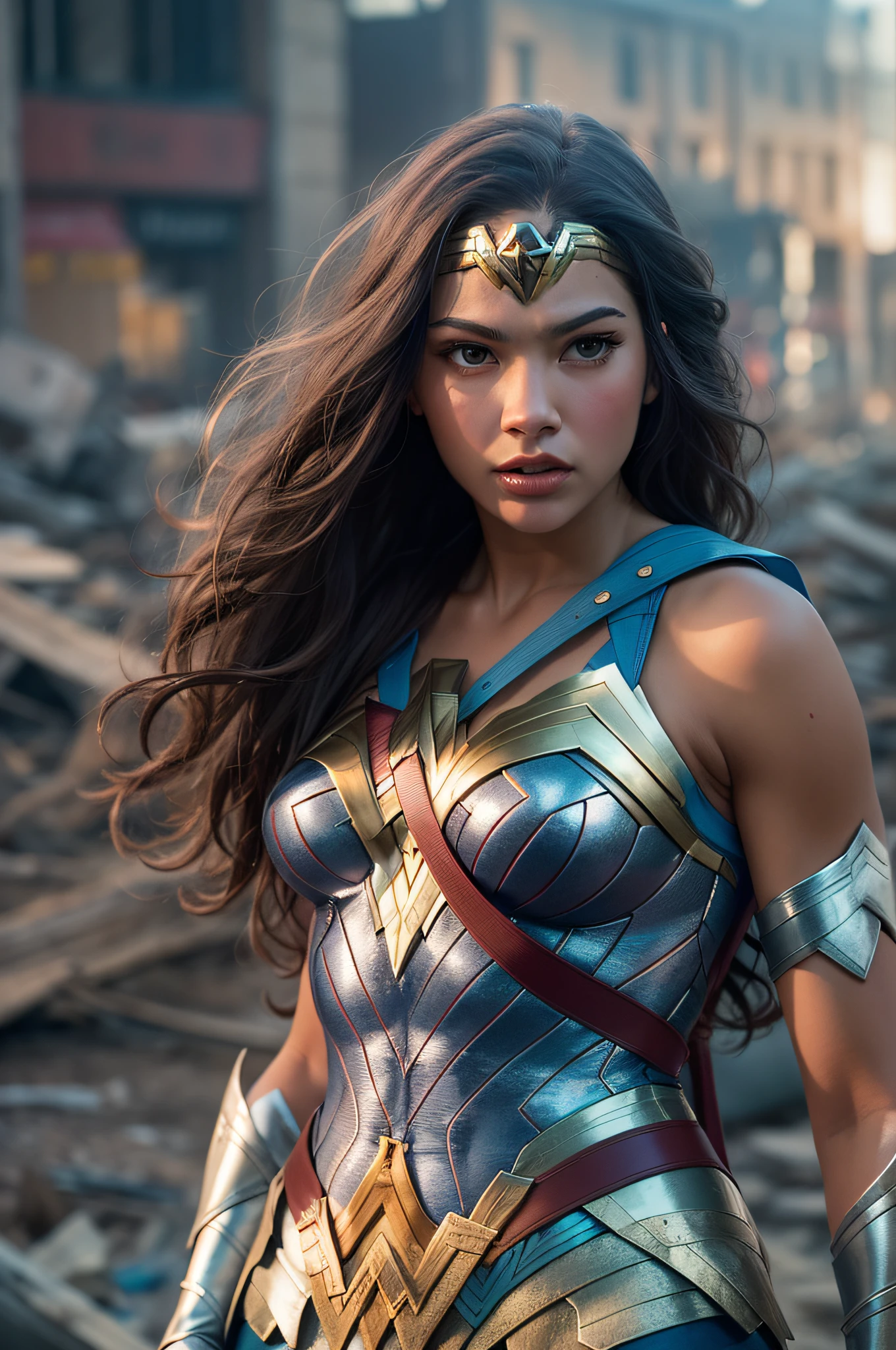 Zendaya in detailed (transparent 98%) ice blue (transparent 80% Wonder Woman costume), huge breasts, superhero pose, dark brown hair, standing in a ruined city at sunset, hyperdetailed, smoke, sparks, sunbeams, (8k), realistic, symmetrical, award-winning, cinematic lightning, soaked, film, 75mm, scratches, full body shot, close-up, torn and dirty clothes, detailed face,