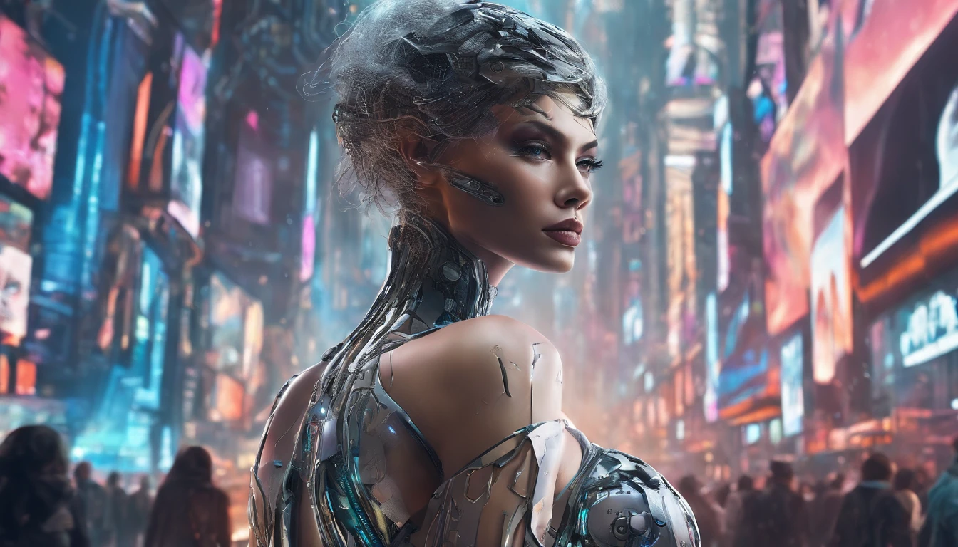 In a futuristic metropolis, Cyborg Woman, Her clothes were torn to shreds, Standing against the backdrop of towering holographic billboards, In a sea of bustling crowds, It shows the fusion of man and machine in the cyberpunk world., digital art, High-resolution rendering,