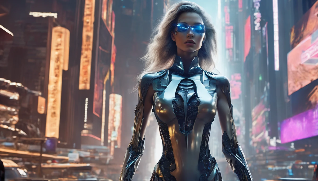 In a futuristic metropolis, Cyborg Woman, Her clothes were torn to shreds, Standing against the backdrop of towering holographic billboards, In a sea of bustling crowds, It shows the fusion of man and machine in the cyberpunk world., digital art, High-resolution rendering,