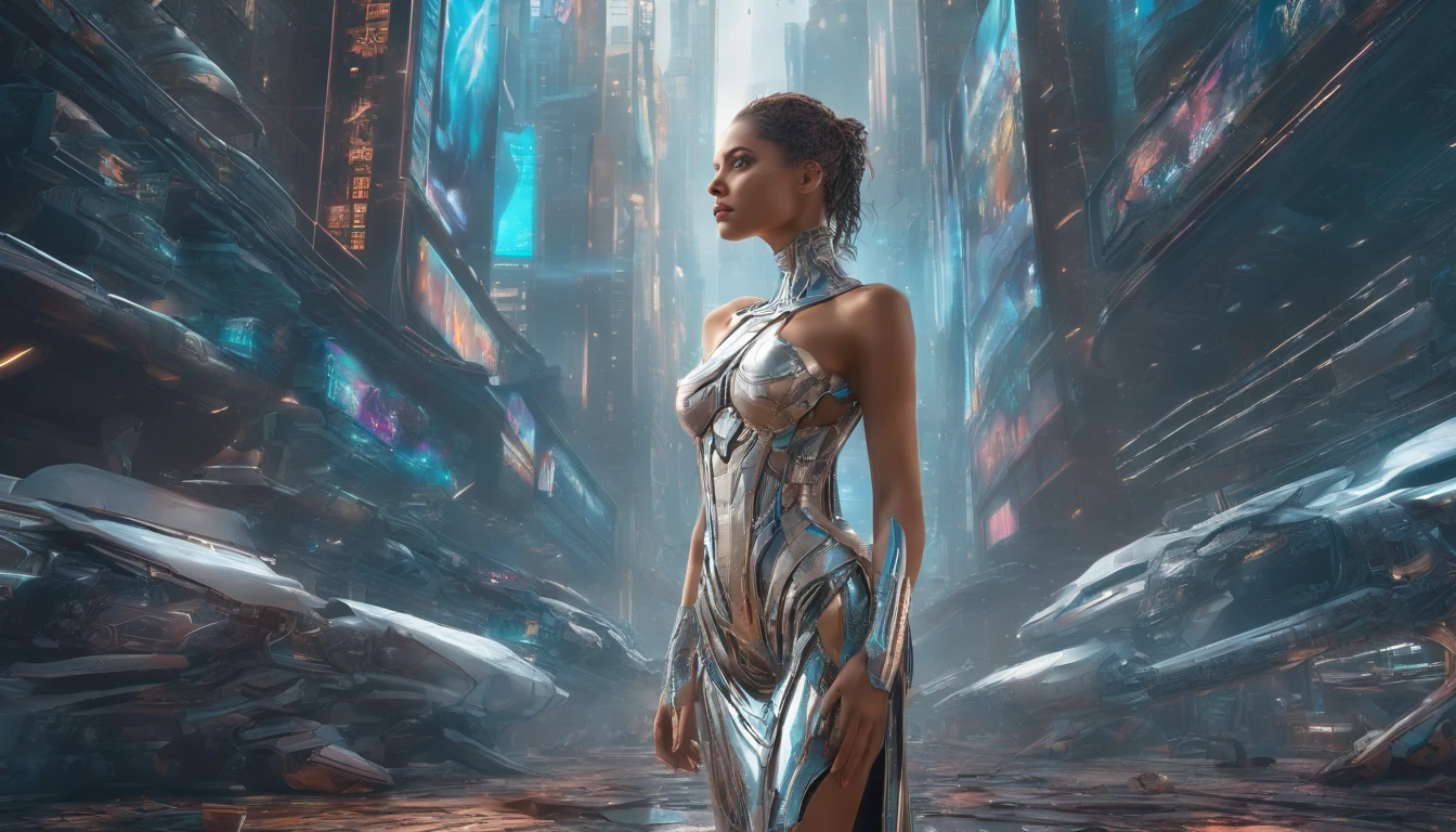 In a futuristic metropolis, Cyborg Woman, Her clothes were torn to shreds, Standing against the backdrop of towering holographic billboards, In a sea of bustling crowds, It shows the fusion of man and machine in the cyberpunk world., digital art, High-resolution rendering,
