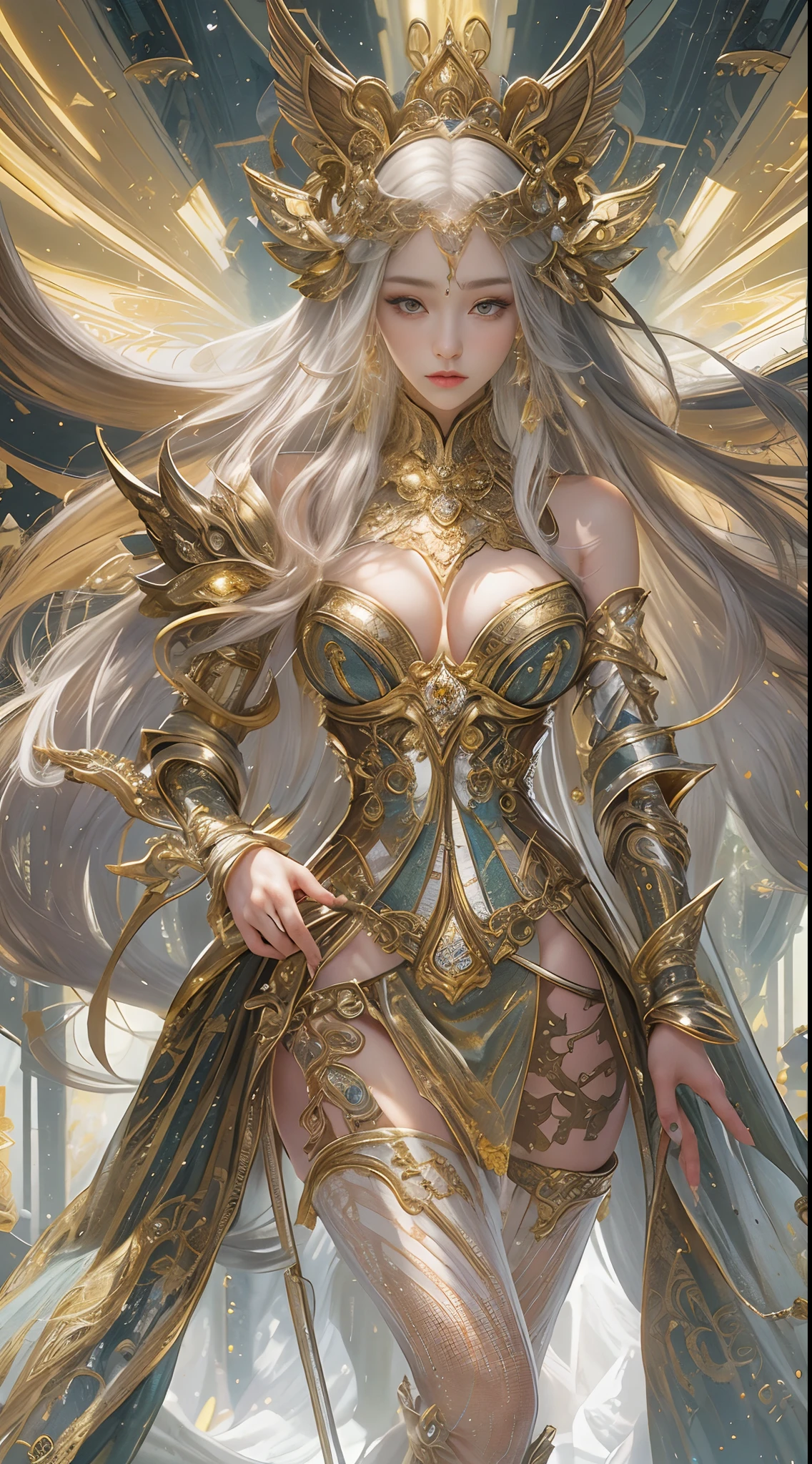 Woman in golden transparent dress,highheels, (((Huge-breasts, Large cleavage))),Slim waist,(bare waist), Long hair, Bloody hair, ultra-detailed details,Zhenyi Elite Station, Stormwater pad, detailed fantasy art, stunning character art, Beautiful and exquisite character art, Beautiful gold and silver armor, Extremely detailed, Girl in shiny armor, Exquisite tiaras and jewelry,Filigree crystal jewelry, capturing the full body, the Milky Way, stunning visual, (dynamic stripes, Light paths:1.2), bright colours,