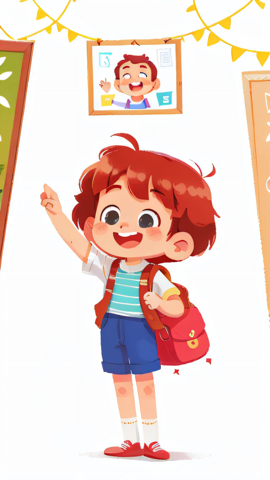 happy smiling Boy students is standing holding a beautiful picture frame above her head, full body ((white background))
