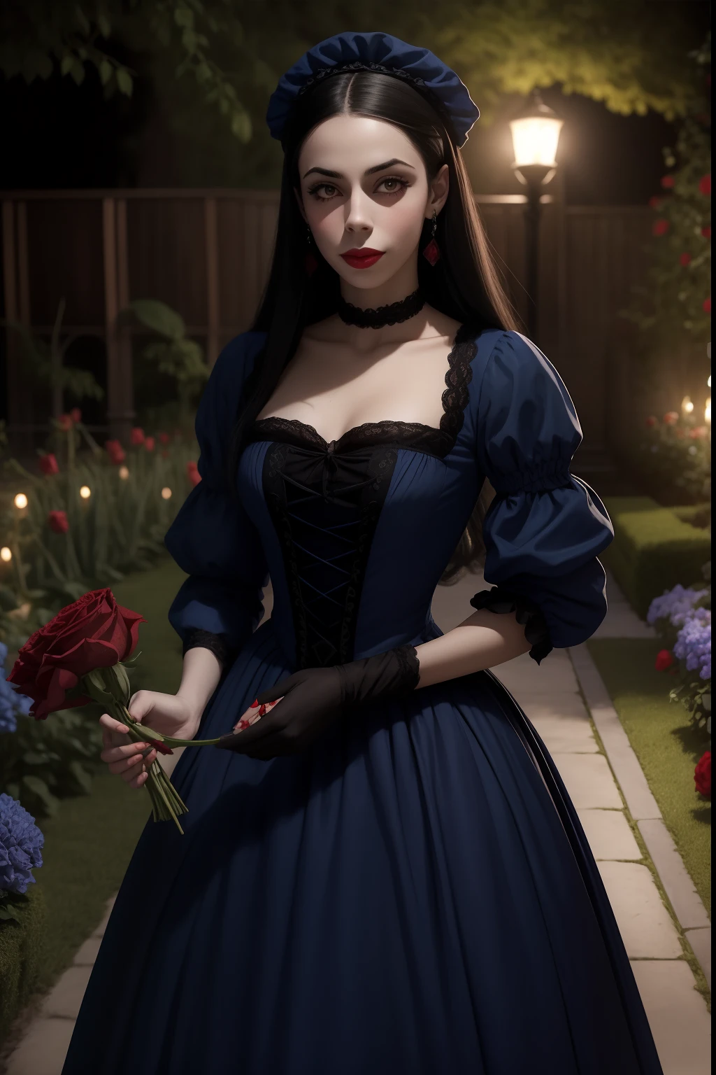 vampira, 19 anos, parecida com oona chaplin. wears modest dress with blue sleeves from the 18th century. noite, sombras, darkeness, is in a garden with red roses.