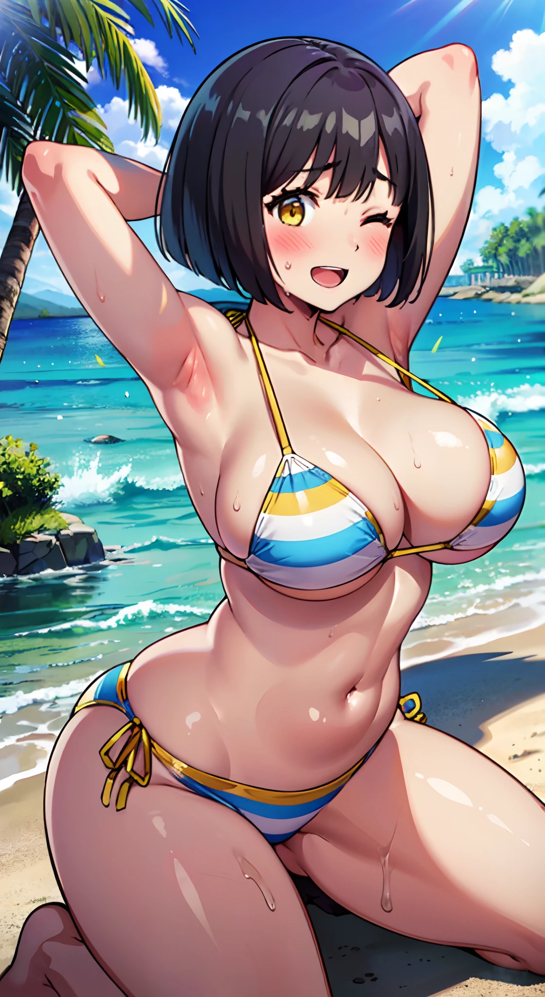 (Perfect body),Best Quality,(8K Portrait),(Official art)、Police Hat、embarrassed from、(((:D)))、(One eye is closed)、(((blush))),(Sweat),((((large udder))))、((((Big ass))))、(Dark hair),((bob cuts)), blush,Short hair, (Yellow eyes),(((thick thighs)))、(((Blue Stripe Bikini)))、adult  woman、Raising arms、Raising legs、Armpits、Bathing、(the beach)、(((front-facing view)))