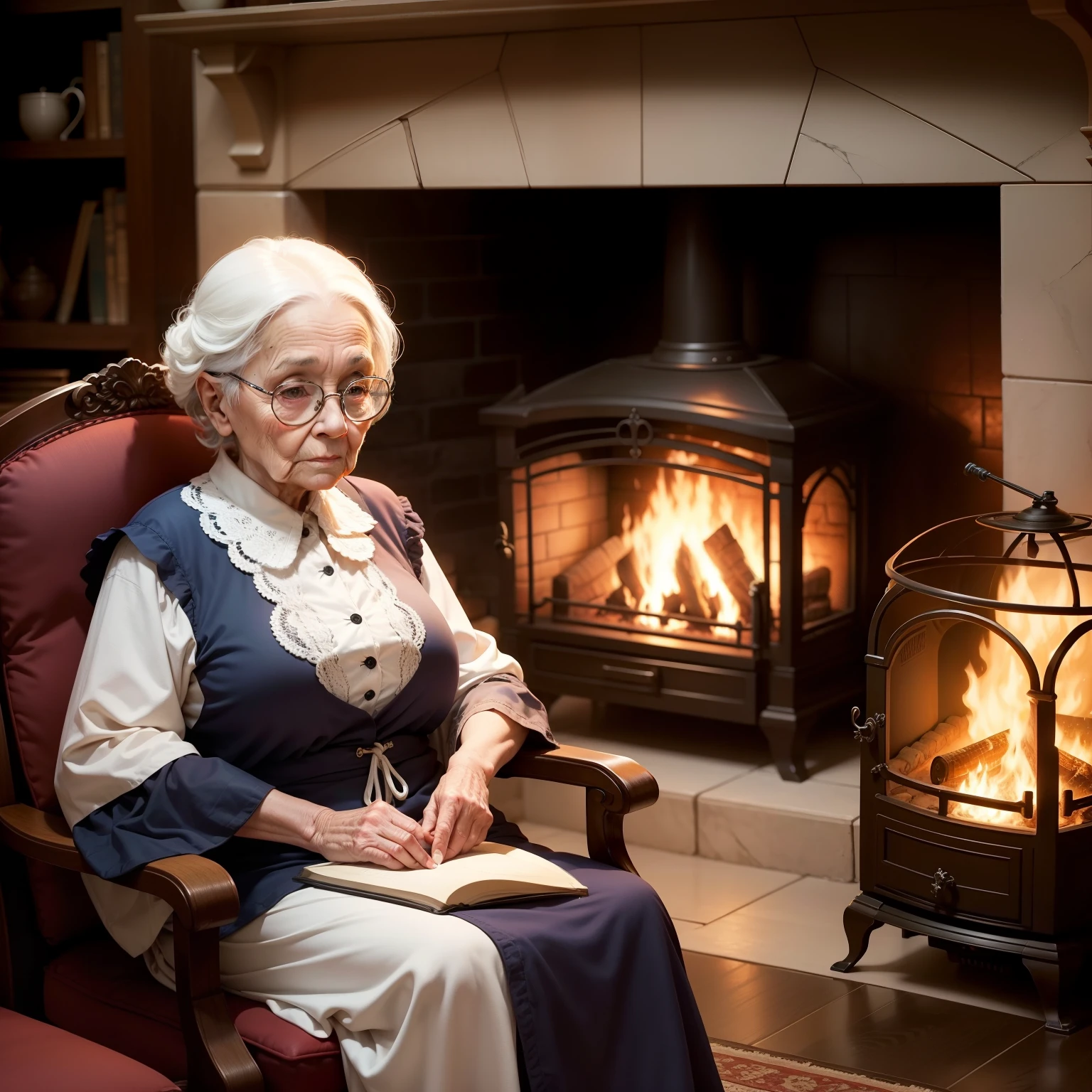 There is an old woman who is sitting in a chair near a fireplace where there is fire, essa velha tem cabelos branco e curto, usa oculos