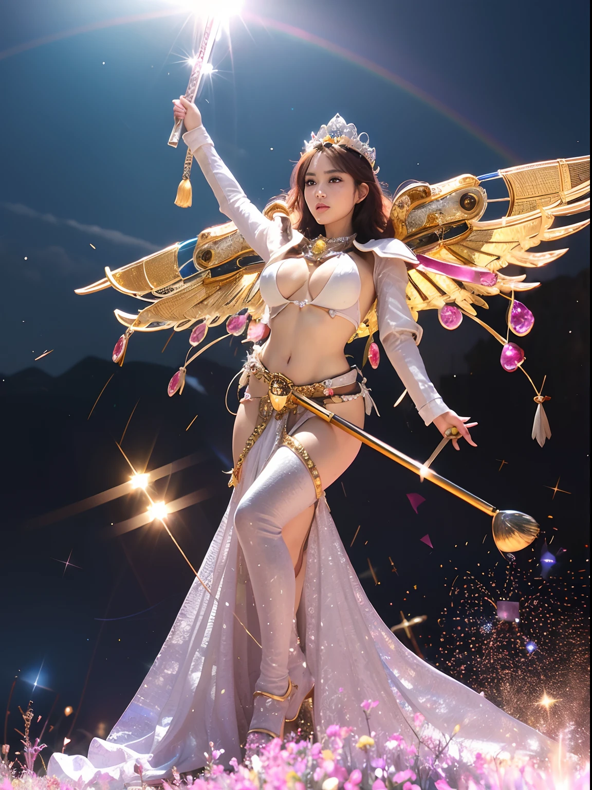 (A smile), Professional , masterpiece、top-quality、photos realistic , depth of fields (Gemstone White Metal Body:1.9),(Matte White Pink、Jewel Gold Weapon、(Gorgeous castle background)、(ultimate beauty girl)、(Rainbow fairy wings grow)、Particles of light、(Metal body of iridescent gemstones:1.9),Gorgeous Jewel Metal Weapons ,(maikurobikini)、 Detailed Sword of the Brave ,( Pink hair) ,warhammer 40k , adepta sororitas,Detail and ornate jewel crown、独奏、Brown hair、Mystical expression、cleavage of the breast、(Gangle's forest background)、Beautiful Caucasian beauty、1a person、dynamic ungle,(((Diamond tiara with detail and luxury)))、a small face、Powerful poses、(Gorgeous castle background)、huge filesize、A teenage girl、Stand in the center of the screen、Thin female fingers、Straight long hair、Beautiful Caucasian beauty、(maikurobikini)、Hair fluttering in the wind、Look at viewers、(Armpit)、Toostock、