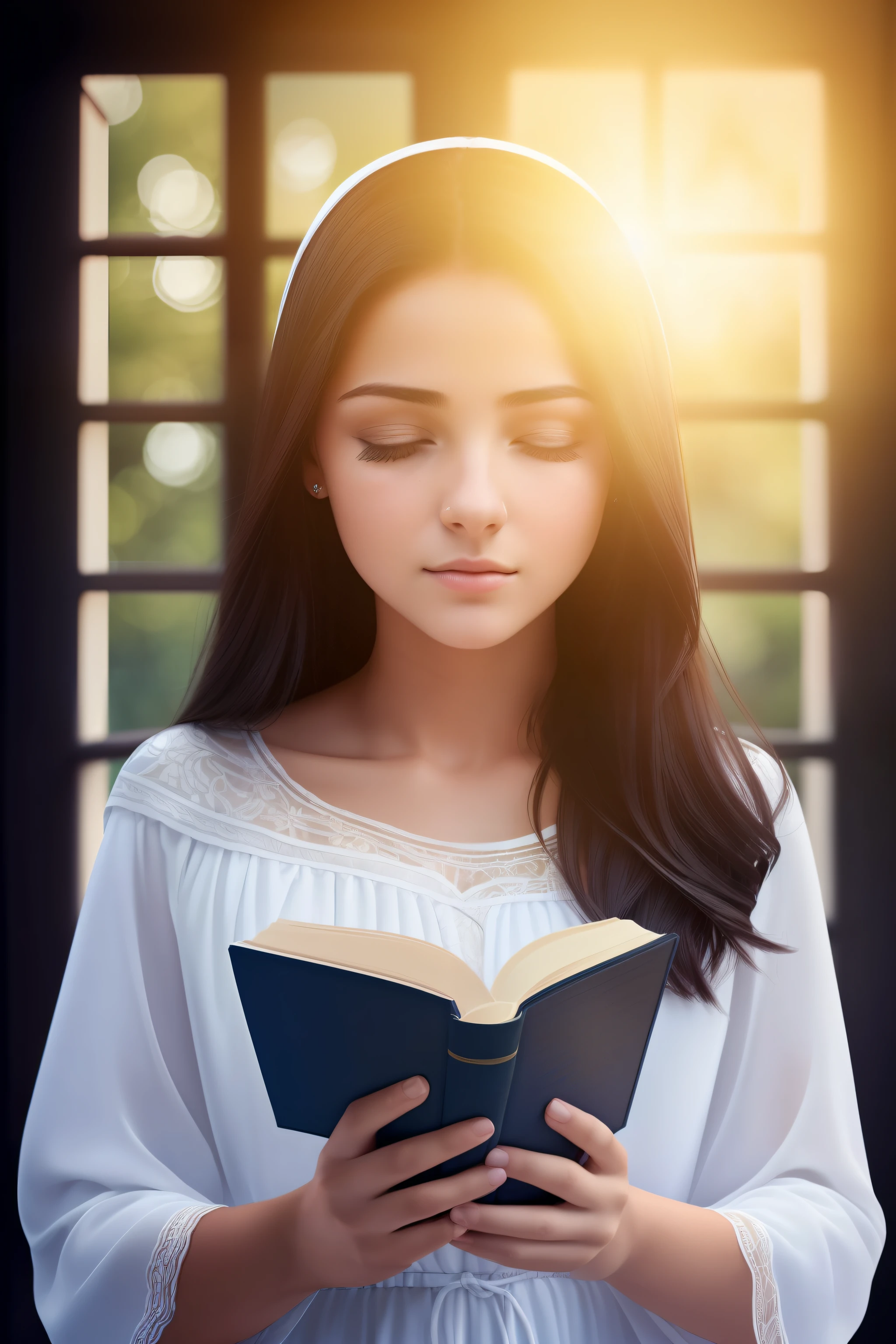 (A beautiful young woman praying with the bible))((Head forward)) ((Roupas do Evangelho)) (back window))((open eyes looking at camera))(iluminado pela luz do fogo)((OLHAR FRONTAL) (8k),Realistic, foto real, detalhe,perfeito, arte,