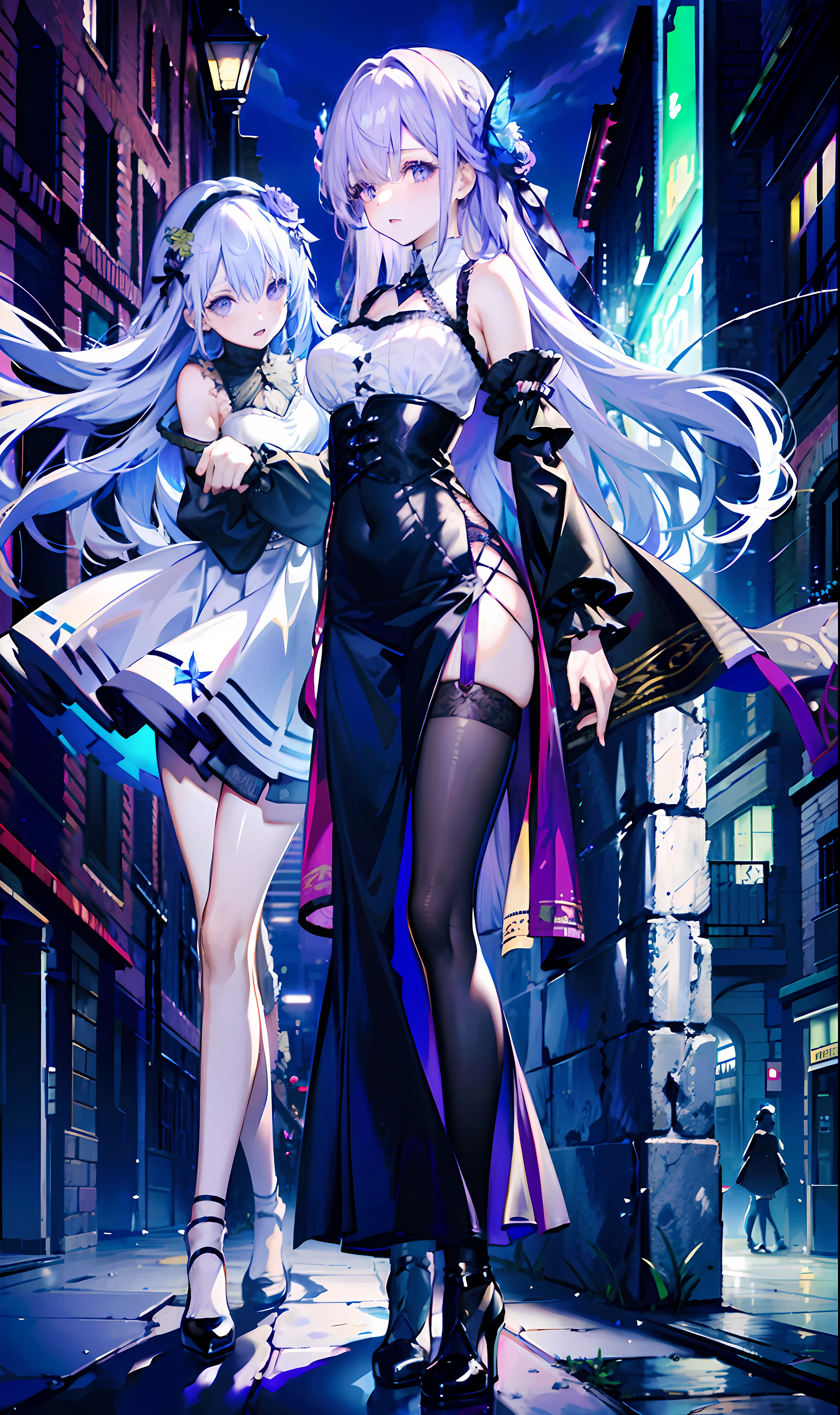 (masterpiece, best quality, ultra-detailed, highres), perfect face, sidelighting, lustrous skin, standing,
(bloom), (shine), lighting, ray tracing, sci-fi, city, street, outdoor, depth_of_field,
shenhe \(genshin impact\), silver eyes , hair over one eye, (hair ornament) , breast curtain, high heels, long hair, whirlwind of water