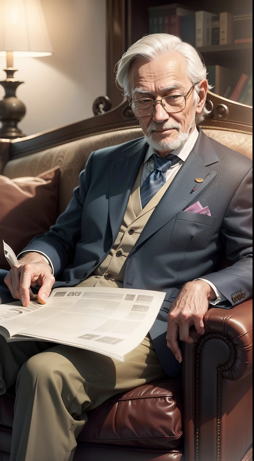 Old rich man sitting on sofa reading newspaper,ssmile