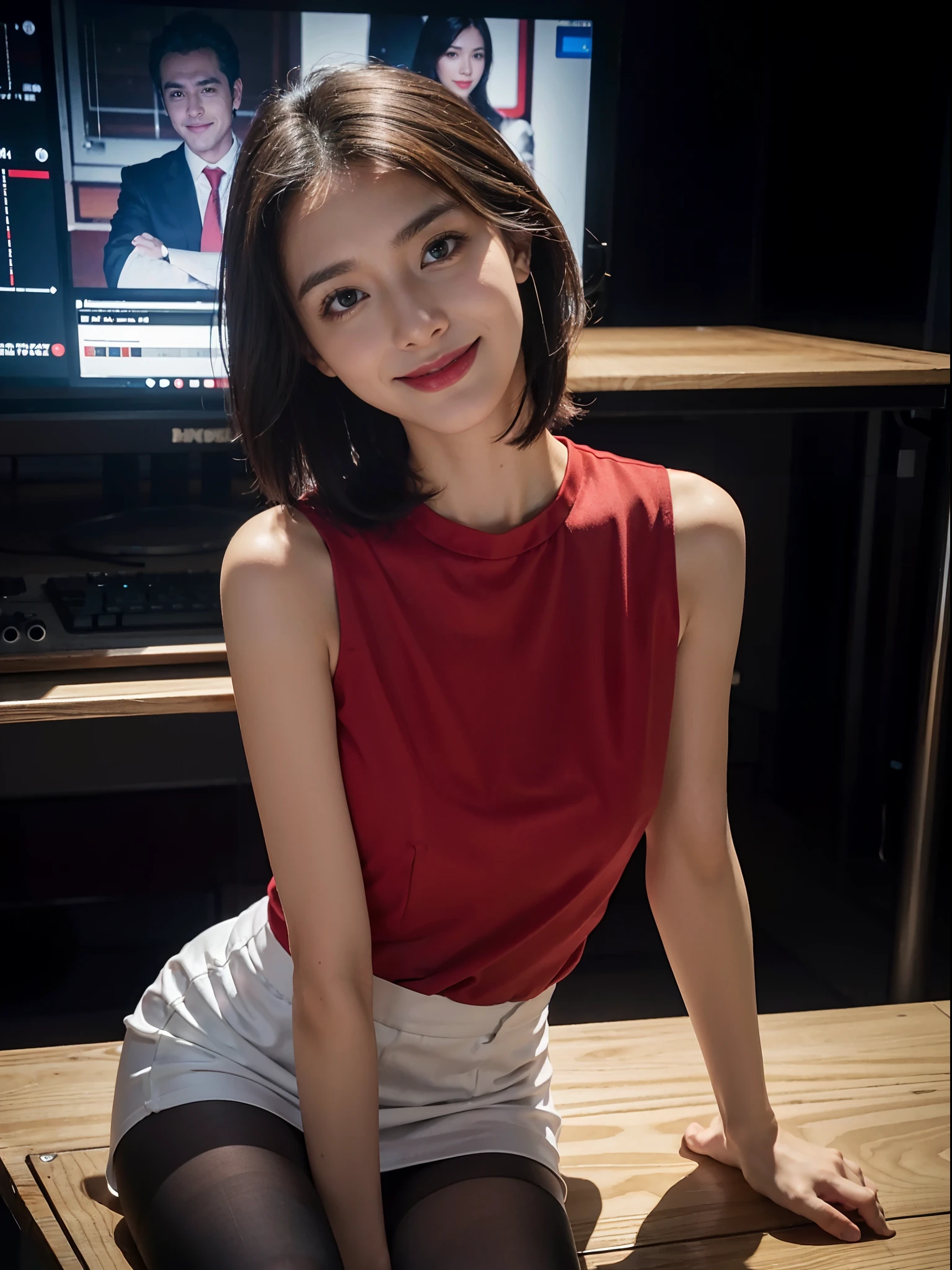 8K,masterpiece,best quality,TV programs, news programs, presenters in the host broadcast news, broadcast halls, sitting upright on the chair behind the table,The table is in front of the girl,There are instruments and equipment on site, large screen,microphone and manuscript are on the table,A girl,Extremely detailed facial details,shoulder length black straight short hair, smile,happy,red suit top,white shirt,small breasts,short skirt, slim, thin,Black stockings, high heels,close shot,Broadcasting in progress,cowboy shot,Directly facing the camera,front front,upper body