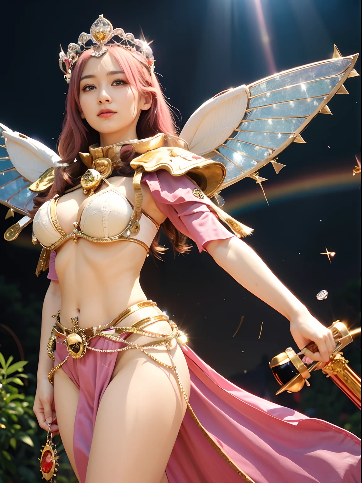 (A smile), Professional , masterpiece、top-quality、photos realistic , depth of fields (Gemstone White Metal Body:1.9),(Matte White Pink、Jewel Gold Weapon、(Gorgeous castle background)、(ultimate beauty girl)、(Rainbow fairy wings grow)、Particles of light、(Metal body of iridescent gemstones:1.9),Gorgeous Jewel Metal Weapons ,(maikurobikini)、 Detailed Sword of the Brave ,( Pink hair) ,warhammer 40k , adepta sororitas,Detail and ornate jewel crown、独奏、Brown hair、Mystical expression、cleavage of the breast、(Gangle's forest background)、Beautiful Caucasian beauty、1a person、dynamic ungle,(((Diamond tiara with detail and luxury)))、a small face、Powerful poses、(Gorgeous castle background)、huge filesize、A girl、Stand in the center of the screen、Thin female fingers、Straight long hair、Beautiful Caucasian beauty、(maikurobikini)、Hair fluttering in the wind、Look at viewers、(Armpit)、Toostock、