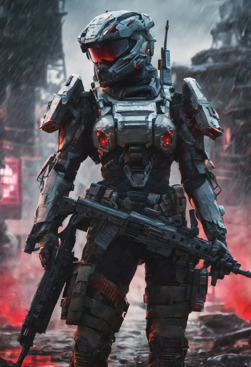 Postapocalyptic combat scene with a Beautiful hyperrealistic photograph of cute Young Swedish woman with Runic tattoos, ((dirty face Blood splattered)), (((wearing full heavy mecha armor, combat harness, Neon highlights))) Short Red Dreadlocks, combat pose, (((Holding on to the side of a combat Sci-Fi Combat helicopter))), exterior of Destroyed building, Fires, Smoke, debris, Camo netting, Ammo Boxes, Rain, Stormy, Wet, abstract beauty, near perfection, pure form, intricate detail, 8k post-production, High resolution, super Detail, trending on ArtStation, sharp focus, studio photos, intricate detail, Very detailed, By Greg Rutkowski