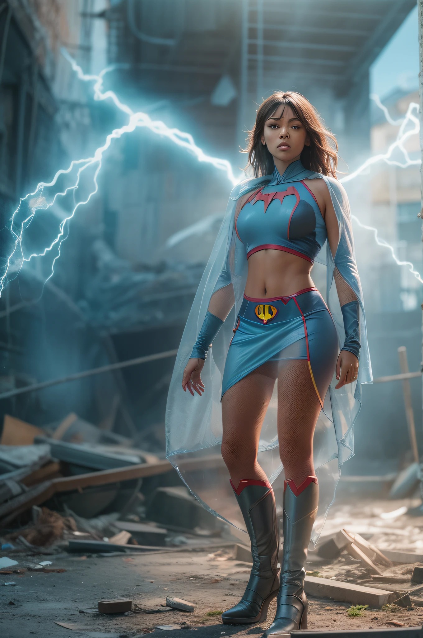 Zendaya in detailed (transparent 98%) ice blue (transparent 80% Batgirlcostume), huge breasts, superhero pose, dark brown hair, standing in a ruined city at sunset, hyperdetailed, smoke, sparks, sunbeams, (8k), realistic, symmetrical, award-winning, cinematic lightning, soaked, film, 75mm, scratches, full body shot, close-up, torn and dirty clothes, detailed face,