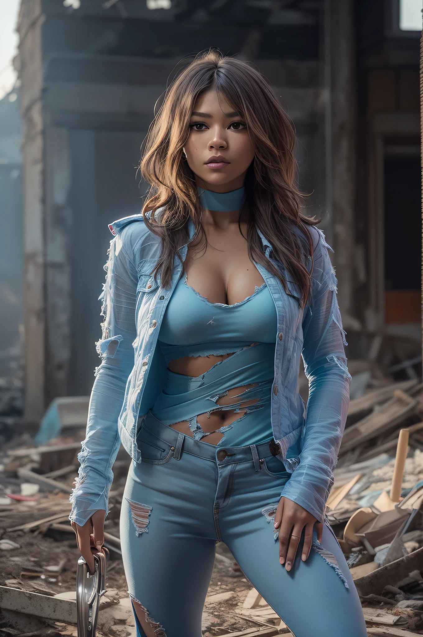 Zendaya in detailed (transparent 98%) ice blue (transparent 80% Elektra costume), huge breasts, superhero pose, dark brown hair, standing in a ruined city at sunset, hyperdetailed, smoke, sparks, sunbeams, (8k), realistic, symmetrical, award-winning, cinematic lightning, soaked, film, 75mm, scratches, full body shot, close-up, torn and dirty clothes, detailed face,