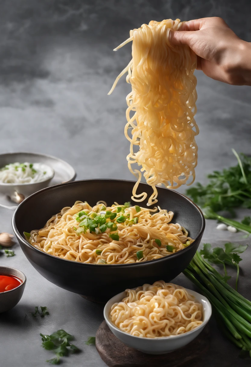 The noodles are in the air like green onions，transparent background，super realistic food picture, high quality food photography, Amazing food illustration，8