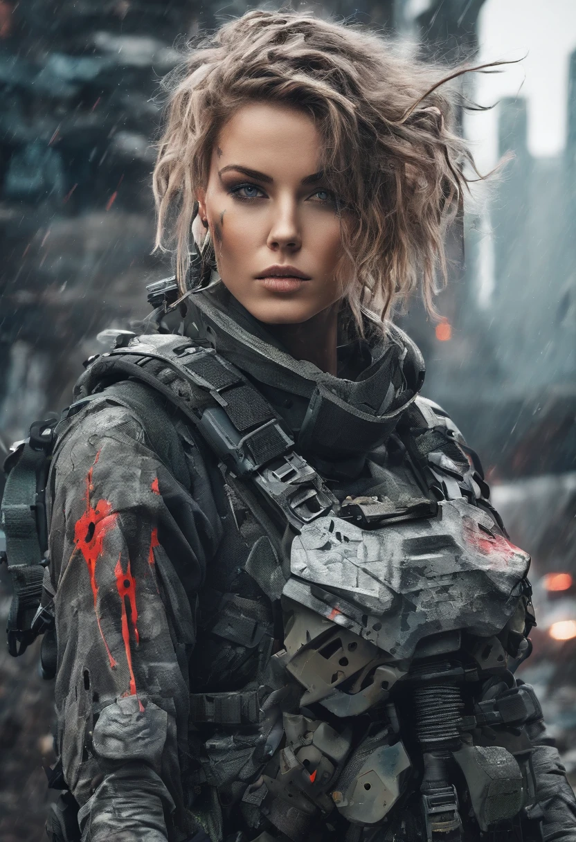 Postapocalyptic combat scene with a Beautiful hyperrealistic photograph of cute Young Swedish woman with Runic tattoos, ((dirty face Blood splattered)), (((wearing full heavy mecha armor, combat harness, Neon highlights))) Short Red Dreadlocks, combat pose, (((Holding on to the side of a combat Sci-Fi Combat helicopter))), exterior of Destroyed building, Fires, Smoke, debris, Camo netting, Ammo Boxes, Rain, Stormy, Wet, abstract beauty, near perfection, pure form, intricate detail, 8k post-production, High resolution, super Detail, trending on ArtStation, sharp focus, studio photos, intricate detail, Very detailed, By Greg Rutkowski