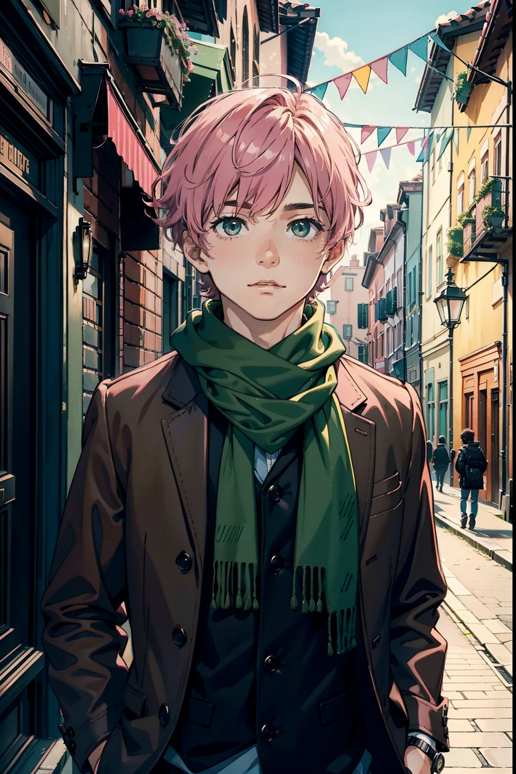 young boy, medium hair, pink hair, brown jacket, black shirt, green scarf, in a european city, 4k