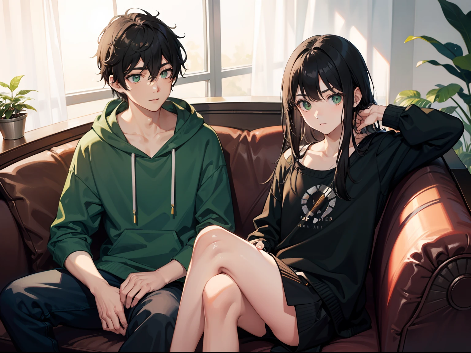 A boy black hair, black eye, and girl brown hair, green eye, sitting together in the couch