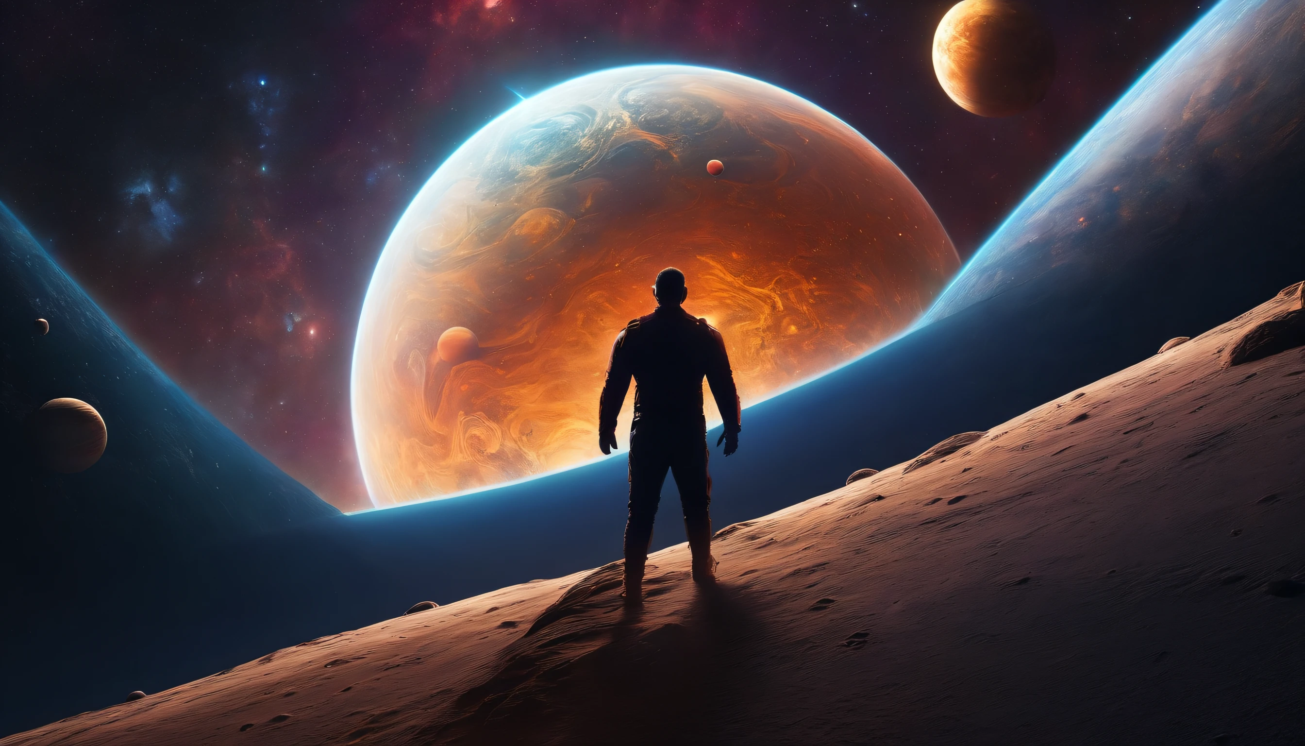 alta qualidade, 8k ultra hd |, A man before a space full of planets, cosmic enlightenment, no plano astral, universo estrelado e colorido, various planets