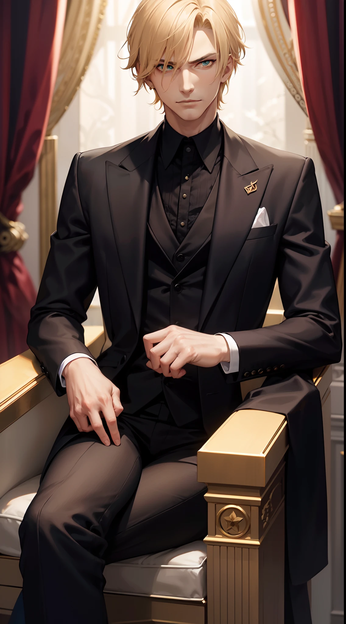 (one male) Elegant male with short blond hair, serious green eyes, with evil smirk, extremely handsome, serious face, wearing black suit, siting on throne, evil