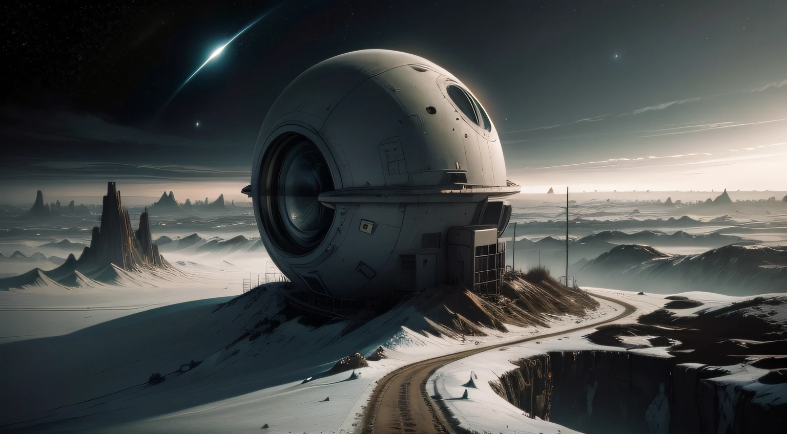 The camera is positioned in space, looking down on a dying Earth. The shot is captured using a high-resolution digital camera with a wide-angle lens, emphasizing the vastness and emptiness of space. The shot is treated with a gritty, high-contrast film look that adds to the stark and bleak atmosphere. The overall effect is inspired by the post-apocalyptic style of sci-fi artist Simon Stlenhag and documentary photographer Sebastio Salgado