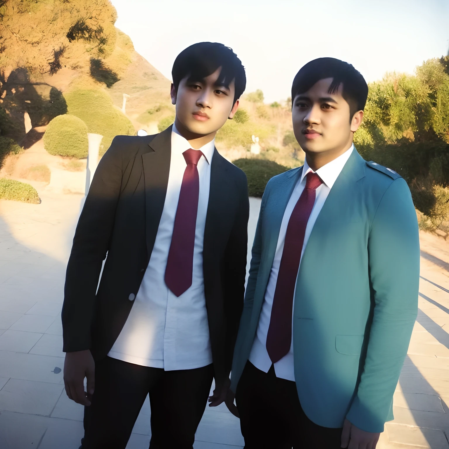 two young men in blue shirts and ties standing next to each other, wearing school uniform, profile pic, wearing a school uniform, taken with the best dlsr camera, cute boys, candid picture, very clear picture, photo taken in 2 0 2 0, foto, ghutra and egal, edited, photo taken with nikon d750
