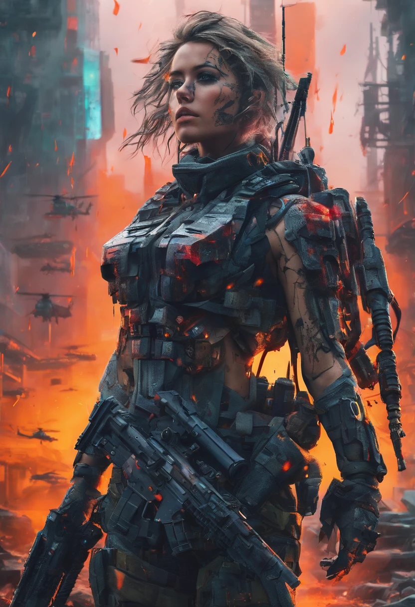 Postapocalyptic combat scene with a Beautiful hyperrealistic photograph of cute Young Swedish woman with Runic tattoos, ((dirty face Blood splattered)), (((wearing full heavy mecha armor, combat harness, Neon highlights))) Short Red Dreadlocks, combat pose, (((Holding on to the side of a combat Sci-Fi Combat helicopter))), exterior of Destroyed building, Fires, Smoke, debris, Camo netting, Ammo Boxes, Rain, Stormy, Wet, abstract beauty, near perfection, pure form, intricate detail, 8k post-production, High resolution, super Detail, trending on ArtStation, sharp focus, studio photos, intricate detail, Very detailed, By Greg Rutkowski