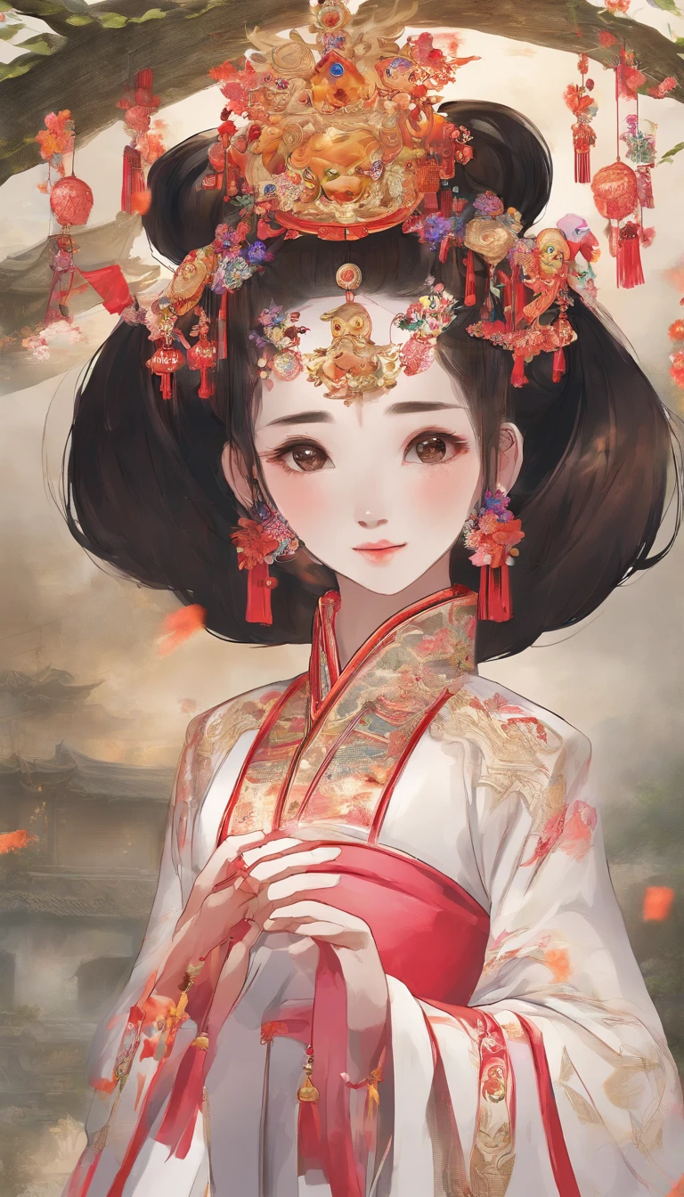 China-style，Tang dynasty baby girl，Hanfu，Cute and cute，A ball head，Take a bunch of sugar gourds，The lively streets of Chang'an，eery，Full body like，Detailed and accurate，depth of fields，8K,A high resolution,tmasterpiece,Beautiful wallpapers,high qulity,high detal,s the perfect face,offcial art,blur backgroun, --Niji 5 --Q 2